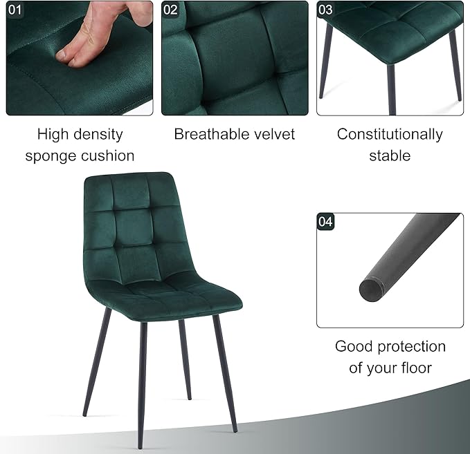 Velvet Dining Chairs Set of 4 - Green Dining Room Chairs with Metal Legs Ideal for Kitchen, Dining Room - Kitchen Chairs Set for 4