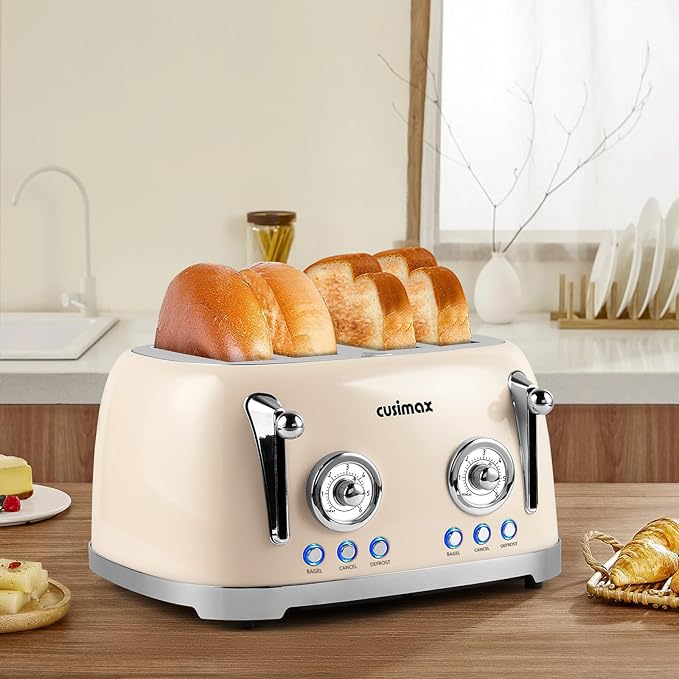 CUSIMAX Toaster 4 Slice, Retro Toaster with Wide Slots for Bagels, Cream