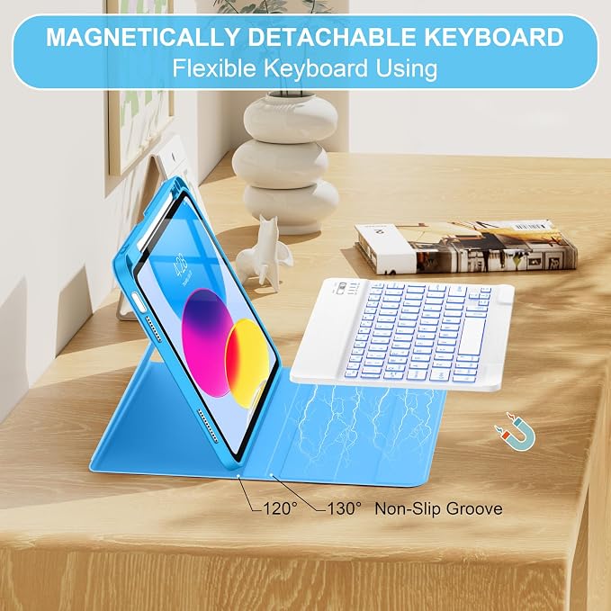 Soke for iPad (A16) 11th/10th Gen Case with Keyboard Black Marble | For iPad 11/10.9 inch(2025/2022) 7 Color Backlight Magnetic wireless Detachable Keyboard Case Built-in Pencil Holder