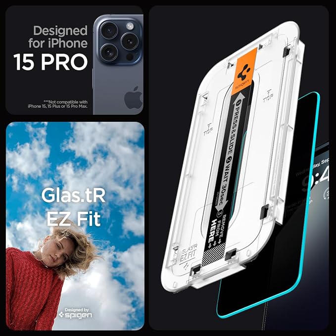 Spigen Tempered Glass Screen Protector [GlasTR EZ FIT - Privacy] Designed for iPhone 15 Pro [Case Friendly] - 2 Pack
