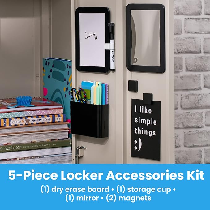 LockerMate 6-Piece Locker Organizer Kit, Includes Mirror, Whiteboard, Storage Cup & Dry Erase Marker, Black