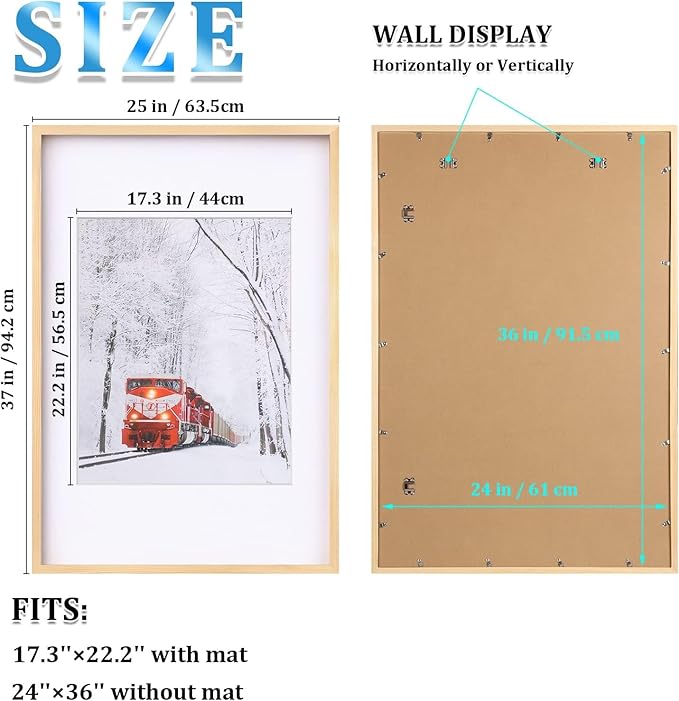 Egofine 24x36 Solid Wood Picture Frame, Made of Solid Wood Covered by Plexiglass 18x24 with Mat 24x36 without Mat, Poster Frame for Wall Mounting Photo Frame Vertically or Horizontally, Natural Wood