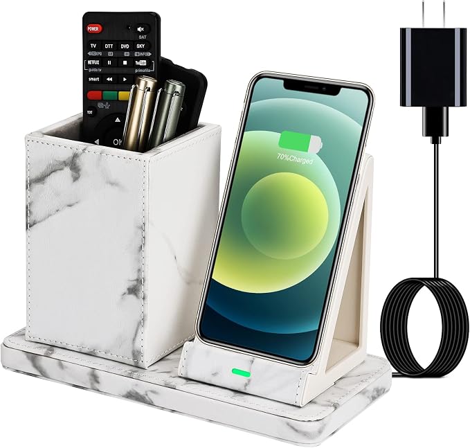 Wireless Charger with Desk Organizer Wireless Charging Station for iPhone 13/13 Pro Max/13 Pro/12 Series/11/XS Max/XR/X/8Plus/SE 2 Wireless Charging Stand with Leather… (Black)