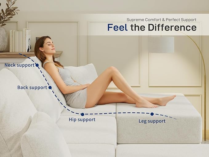 Living&Giving 128" U-Shaped Cloud Sectional Couch for Living Room, Cloud Boneless Couch-No Assembly with Reversible Chaise, Customizable 4-Seat Modular Sectional Sofa with 3 Ottoman, Beige