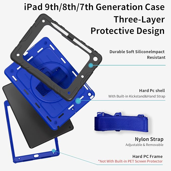 Case for iPad 9th/8th/7th Generation10.2 Shockproof 360 Rotating Stand Shoulder Hand Strap with Pencil Holder for iPad 10.2 inch 2021/2020/2019 Case (Black)
