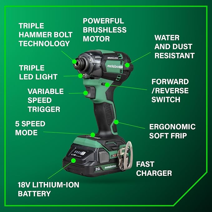 Metabo HPT 18V MultiVolt Cordless Triple Hammer BOLT Impact Driver Set, Power Impact Driver Kit with Case, 2 Lithium-Ion Batteries and Charger, 1/4-Inch Chuck, Compact LightWeight Power Tool, WH18DC