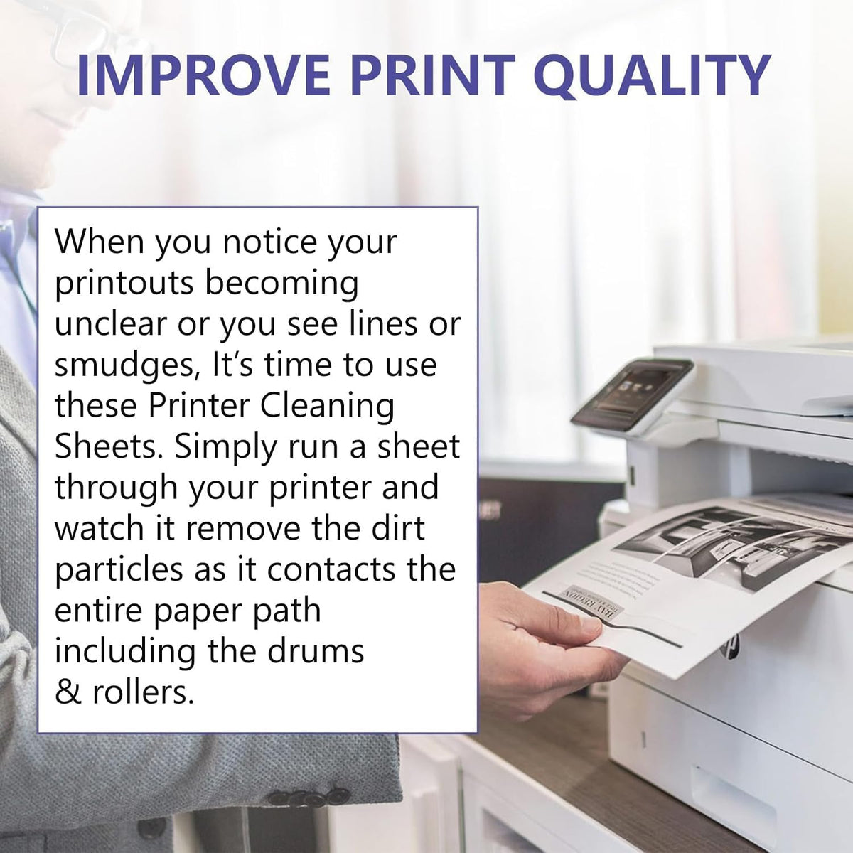 Original Printer Cleaning Sheets – Reliable Solution for Cleaning Rollers & Fixing Paper Feed Issues – Compatible with Inkjet & Laser Printers (8.5 x 11" - 10 Pack)