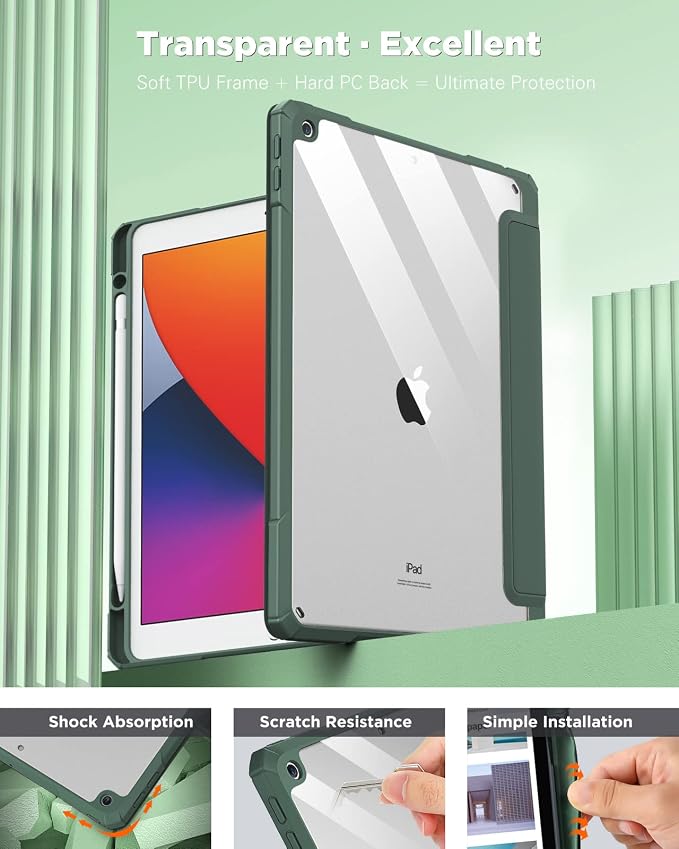 TiMOVO Case for iPad 9th/8th/7th Generation 10.2 inch Black | Pencil Holder Slim Trifold Stand Protective Cover Clear Transparent Back Shell Auto Wake/Sleep