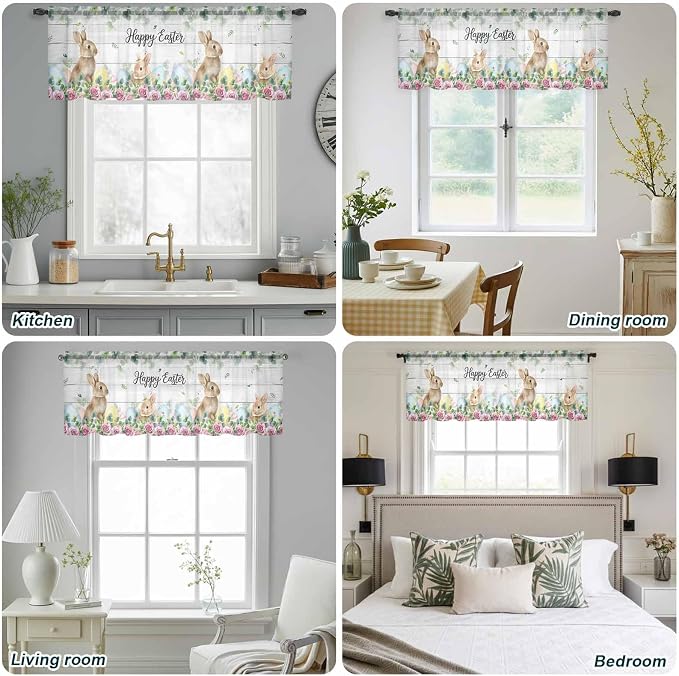 Easter Sheer Valances for Windows 42"x18", Light Filtering Kitchen Curtains