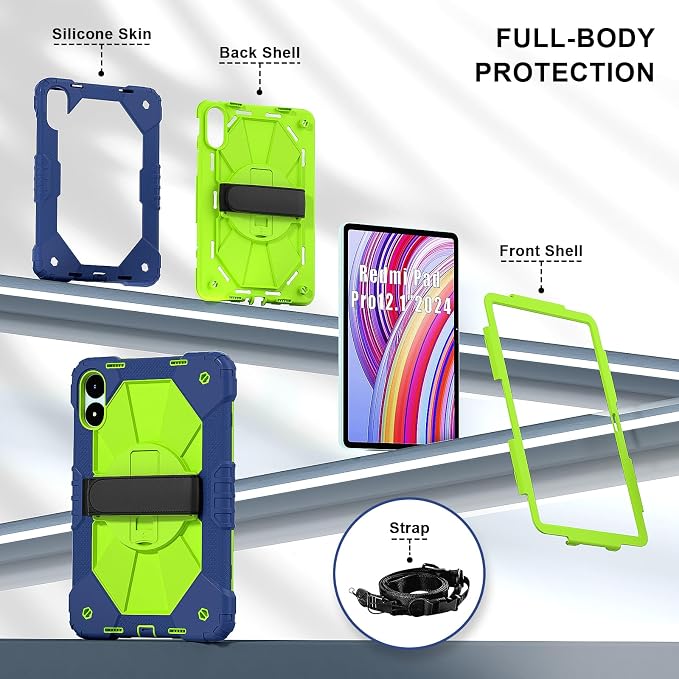 for Xiaomi Redmi Pad Pro 12.1/Xiaomi Poco Pad 12.1 Case with with Kickstand/Hand Strap/Rotating/Shoulder Strap (Black/Black)
