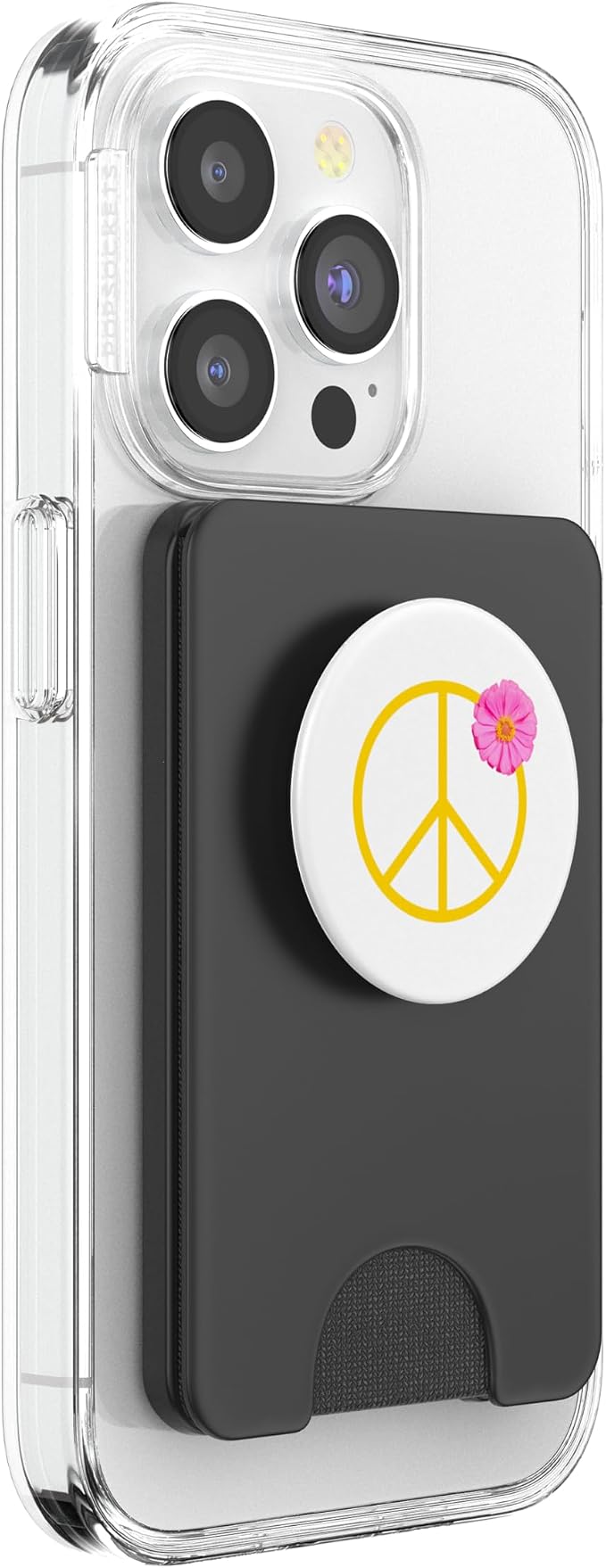Pretty Pink Flower on Yellow Peace Sign PopSockets Adhesive PopGrip