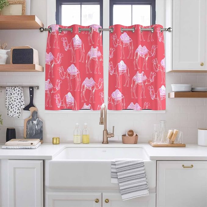 2 Panel Kitchen Cafe Curtains, Desert Camel Sunlight Filtering Nature Air