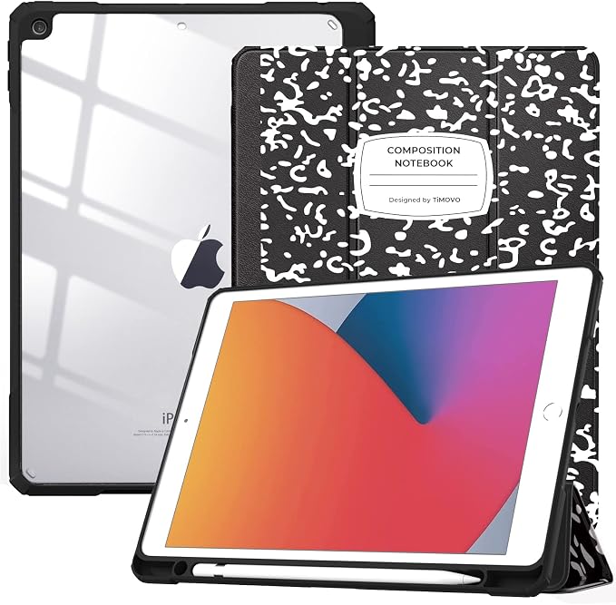 TiMOVO Case for iPad 9th/8th/7th Generation 10.2 inch Black | Pencil Holder Slim Trifold Stand Protective Cover Clear Transparent Back Shell Auto Wake/Sleep