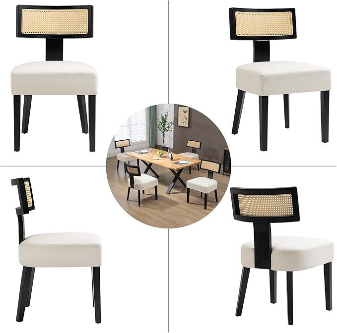 Upholstered Rattan Dining Chairs Set of 6, Mid-Century Modern Fabric Dining Room Chairs with Black Hardwood Frame, Curved Backrest Kitchen Armless Accent Chairs for Living Room (Cream)
