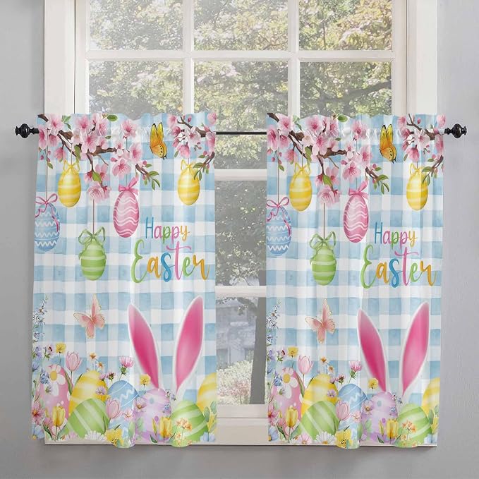 Happy Easter Tier Curtains 45 Inches Long, Spring Watercolor Bunny Eggs Flower