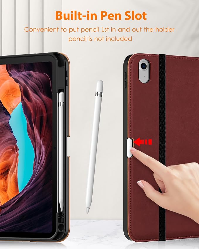 DTTO for iPad (A16) 11th Generation 11-inch &amp 10th Gen Case Brown | Premium Leather Business Cover with Pencil Holder Hand Strap &amp Pocket Corner Protection Auto Sleep/Wake for Work &amp