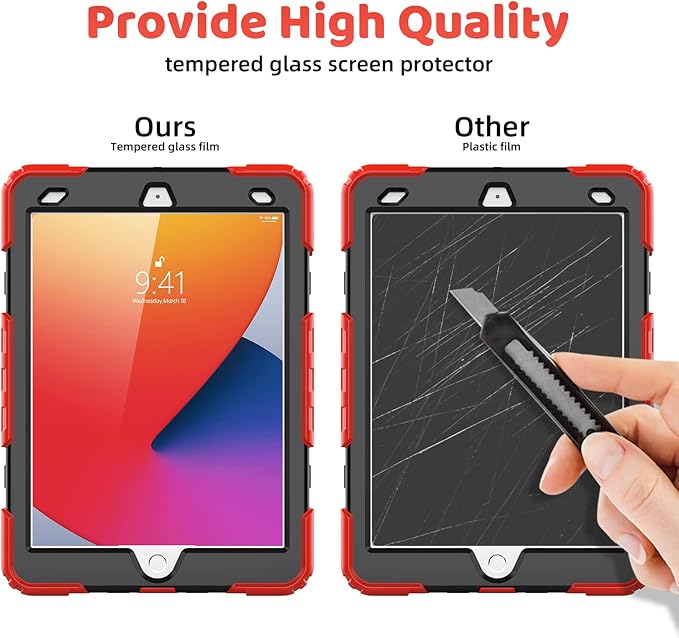 BLOSOMEET Case for iPad 9th Generation 8th Generation 2021 2020 10.2 Inch with Tempered Glass Screen Protector & Pencil Holder, Kids iPad 10.2 7th Gen Cover 2019 w/Stand Hand Shoulder Strap,Red