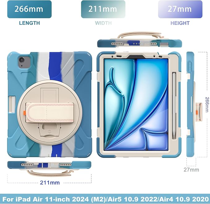 Batianda VortiGrip Case for iPad Air 11 M2/M3/M4 2024-2026 Colorful Blue | Heavy Duty Triple-Layer Rugged Case with 360° Rotating Hand Strap Foldable Hidden Stand Shoulder Strap and Pencil Holder