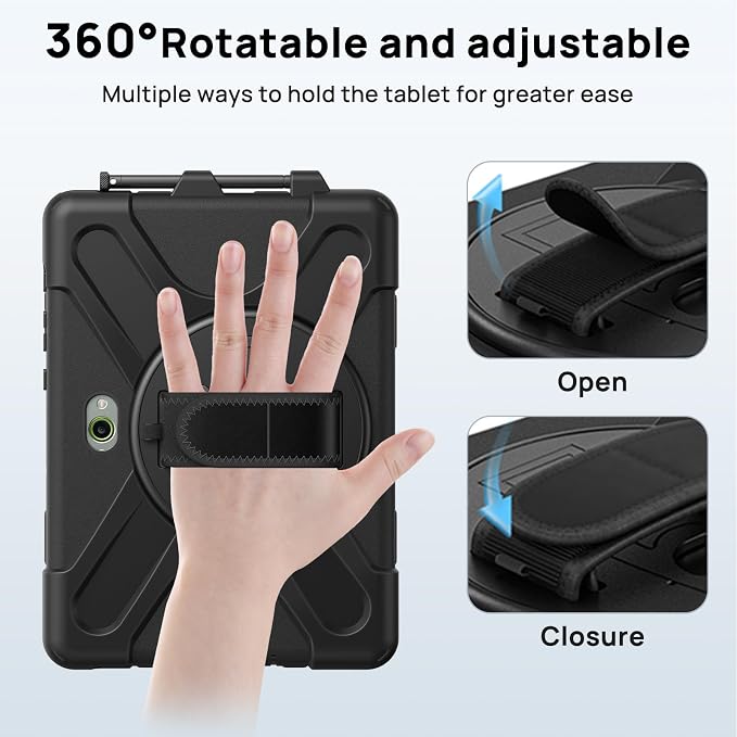 Gerutek Case for Samsung Galaxy Tab Active 5 2024/Active 3 2021 8 Black | Heavy Duty Shockproof Drop Protection Case with Screen Protector 360° Rotating Stand Handle/Shoulder Strap Pencil Holder