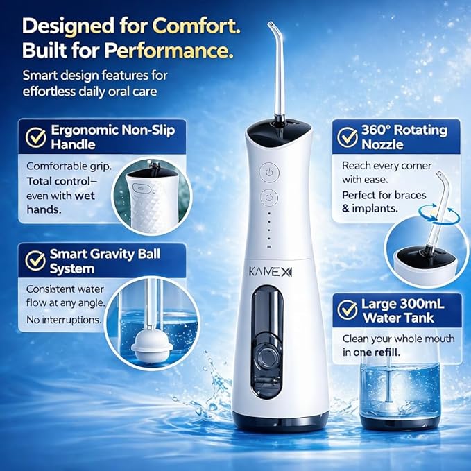 KAMEX Cordless Water Dental Flosser for Teeth Cleaning: Portable Oral Irrigator with 300ML Tank, 4 Cleaning Modes, Rechargeable IPX7 Waterproof Travel Water Flosser for Sensitive Gums, Braces
