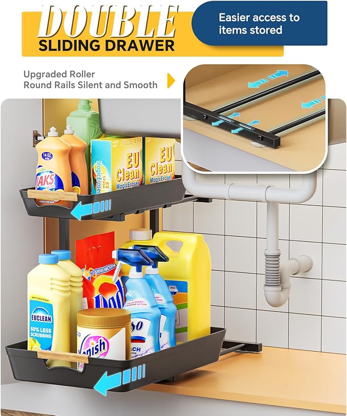 Under Sink Organizer, 2 Tier Adjustable Height Under Sink Organizers and Storage, L-Shaped Slide Out Pull Out Cabinet Organizers for Bathroom Kitchen Pantry(1 Pack, Black)