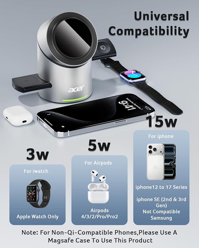 Acer Prime 3 in 1 Charging Station for Apple - Magnetic iPhone Wireless Charging Station Magsafe Charger Stand for iPhone 17 16 15 14 13 12 - Apple Watch - Airpods Series (Charger &amp USB-C Include