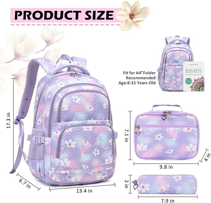 Girls Backpack with Lunch Box for Elementary Middle School,17 Inch Purple Lightweight School Backpack with Lunch Bags Set for Girls