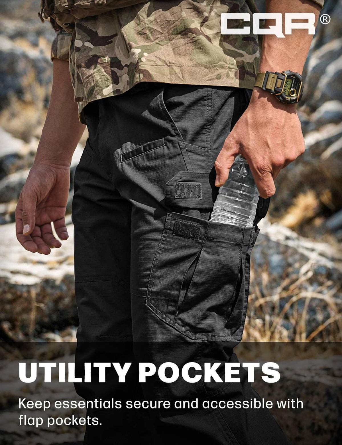 CQR Men's Tactical Pants, Water Resistant Ripstop Cargo Pants, Lightweight EDC Work Hiking Pants, Outdoor Apparel, Raider Black, 40W x 34L