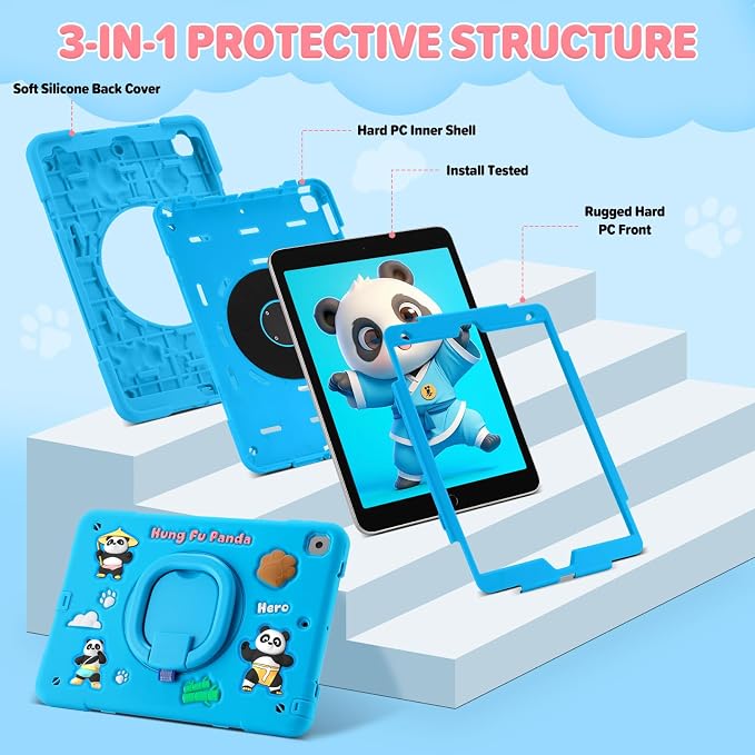 Case for iPad A16 11th Generation 11 Inch 2025 iPad 10th Generation 10.9 Inch 2022 Silicone 3D Panda Design Kids Case Heavy Duty Protection with Kickstand/Pencil Holder/Strap