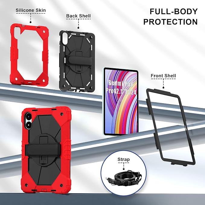 for Xiaomi Redmi Pad Pro 12.1/Xiaomi Poco Pad 12.1 Case with with Kickstand/Hand Strap/Rotating/Shoulder Strap (Black/Black)