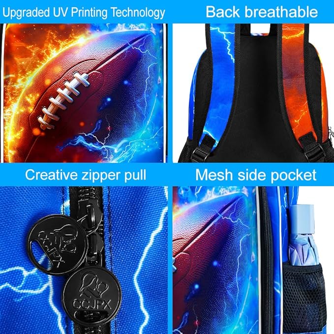 gxtvo 3PCS Boys Rugby Bookbag, 17" Kids Backpack with Lunch Box, Water Resistant Middle Elementary School Bag - Fire & Lightning Rugby