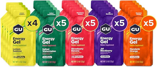 GU Energy Original Sports Nutrition Energy Gel, Vegan, Gluten-Free, Kosher, and Dairy-Free On-the-Go Energy for Any Workout, 24-Count, Assorted Fruity Flavors