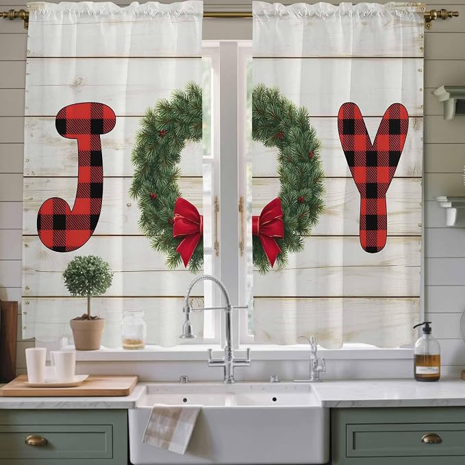 Christmas Wreaths Window Curtains 63 Inch Long 2 Panel Set, Rod Pocket Bedroom