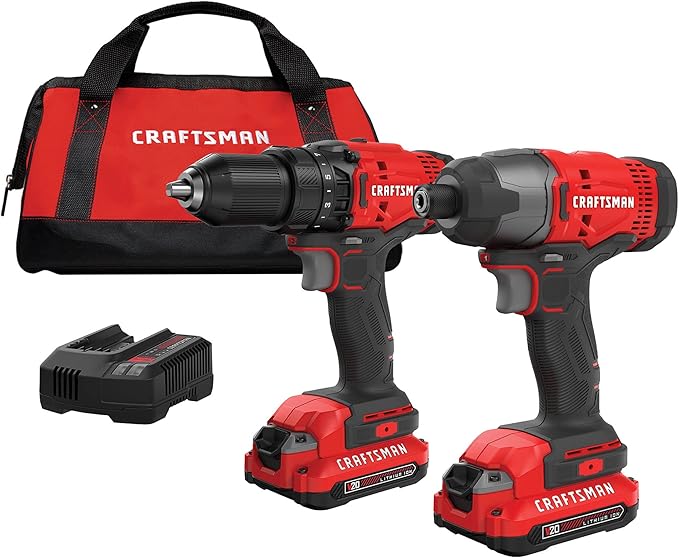 CRAFTSMAN V20 MAX Cordless Drill Driver and Impact Driver Set, Power Tool Set with 2 Batteries and Charger, LED Work Light, 2 Bits, Bag (CMCK200C2)