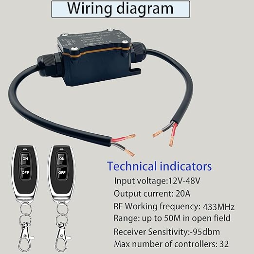 URANT Remote Control Switch,Waterproof Switch DC 12/24/48 Volts 20A,Wireless 433 MHz Transmitter-Receiver Kit,164 Ft Long-Distance Control,Suitable for Water Pumps,Lights,Fans,Vacuum Cleaners