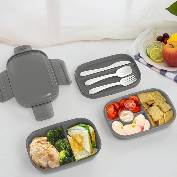 JBGOYON® Bento Lunch Box Set - 3 Stackable Containers for Adults and Kids- Includes Lunch Bag, Leak-Proof and BPA-Free - Built-in Utensil Set and Snack Bag - Dishwasher Safe(Grey Black)
