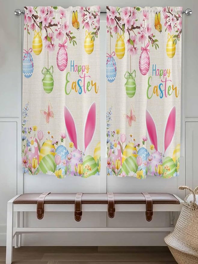 Happy Easter Living Room Curtains 72 Inches length, Spring Farmhouse Bunny Eggs