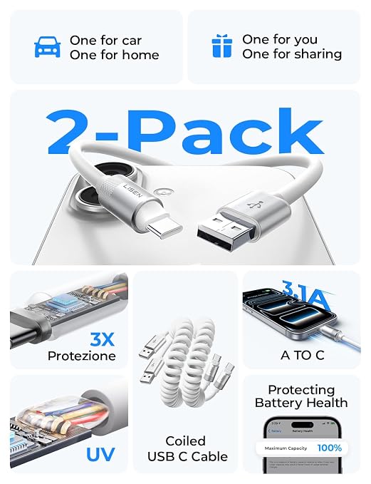 LISEN Chubby Cable Coiled Cable 2 Pack Car Play Cord | for Android Auto Short USB A to USB C Cable for iPhone 17/16/15 Samsung Galaxy S25/S24 A15/A14 Google Pixel 9/8 Blue 4FT