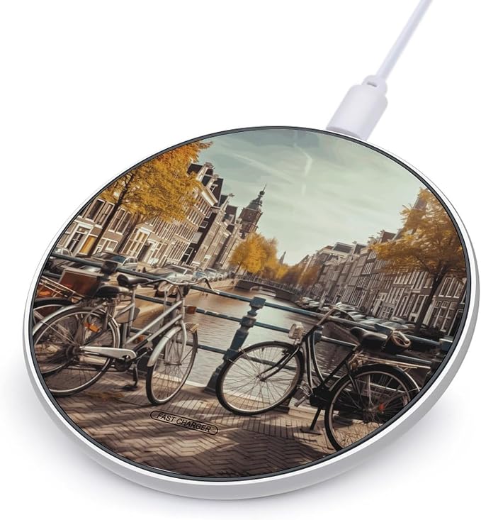 Bicycles in Amsterdam Wireless Charger Aluminum Alloy Frame 10W Fast Charging Pad with Indicator Light 6mm Thin &amp Portable Wireless Charging Pad for Travel Home Office Desk