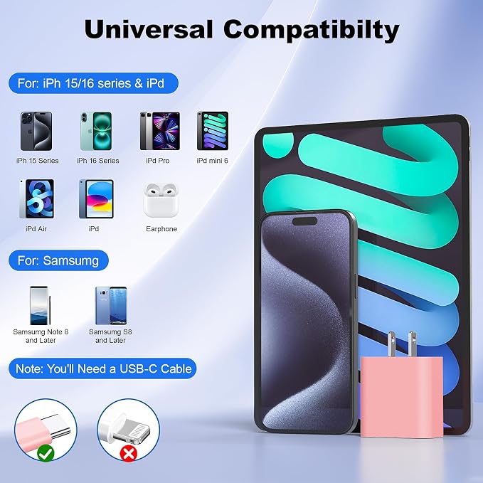 Compatible with iPhone 17 16 Charger Fast Charging2 Pack USB C Charger BlockType C Chagers with 6ft USB C Cable Compatible with iPhone 16/15/ Pro Max/Pro/Plus/PadGalay S25/S24/Plus/UltraBlack/Pink
