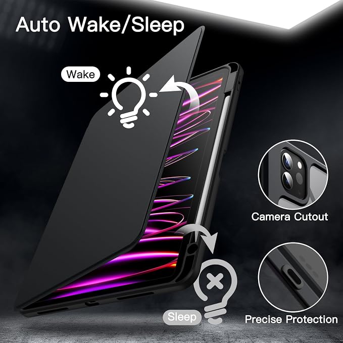 JETech Rotating Case Cover for iPad Pro 11 4/3 Black | For 2022/2021 Model 360° Rotation Stand Clear Back Design Auto Wake/Sleep Pencil Holder Full Protection