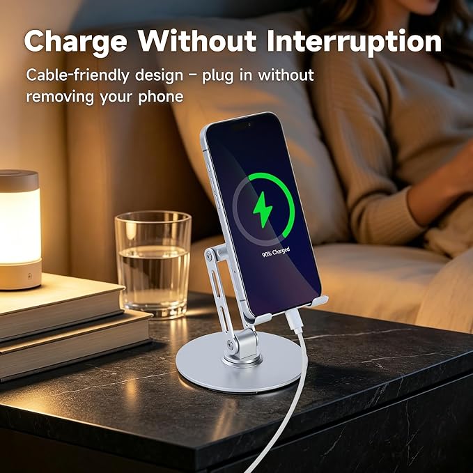 Adjustable Aluminum Phone Stand for Desk Phone Holder for iPhone &amp iPad | Weighted Metal Base for Stable Typing Adjustable Height &amp 360° Rotation for Comfortable Desk Use
