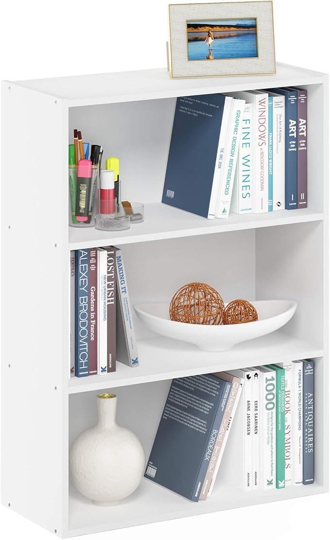 Furinno PASIR Book Shelf, 3-Tier Bookshelf, Storage Shelves Bookcase, 9.7 x 23.7 x 31.5, for Living Room, Bedroom, Home Office, Plain White