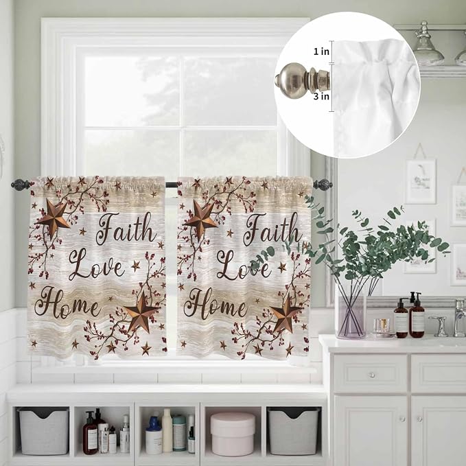Kitchen Curtains Tiers and Valance Set of 3, Texas Star Brown Light Filtering