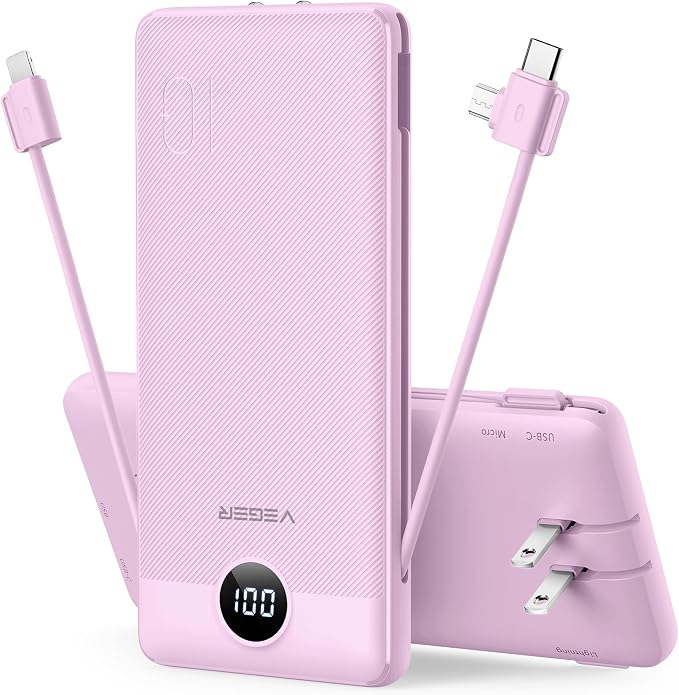 VEGER Portable Charger for iPhone Power Bank Built in Cable and Wall Plug | 10000mAhUltra Slim&ampCompact5 OutputsLED DisplayFlight-SafeTravel Essentials Battery Pack for iPhone 17iPad Samsun