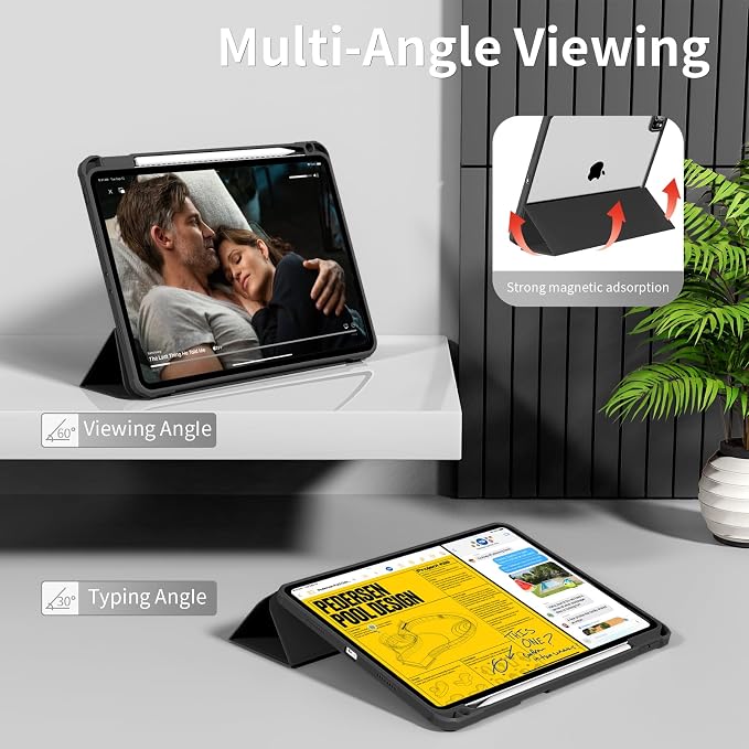 Clear Case for iPad Pro 12.9 inch 6th/5th/4th/3rd Gen 2022/2021/2020/2018 with Pencil Holder Lightweight Shockproof Trifold Stand Transparent Acrylic Back Cover Auto Wake/Sleep Black