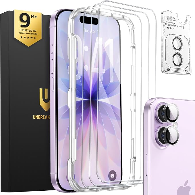 UNBREAKcable iPhone 15 Screen Protector 3-Pack Upgraded Dual-Tempered Glass + 3 Camera Lens Protectors Military-Grade 9H Hardness HD Clarity Anti-Fingerprint Case Friendly 6.1 Inch | Upgraded Du