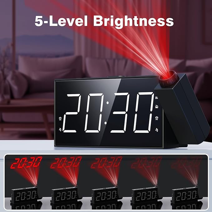 Mesqool Projection Alarm Clock with FM Radio,Large Number Display & Dimmer,USB Charger,Sleep Timer,Battery Backup,Dual Alarms,Clock Radio for Bedroom Heavy Sleepers