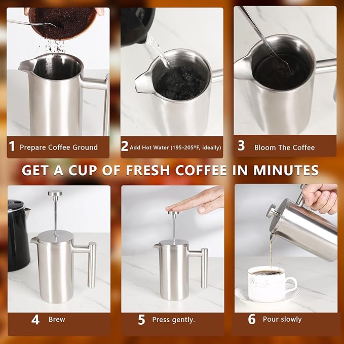 12 OZ French Press Coffee Maker, Sturdy Full Stainless Steel Coffee Press