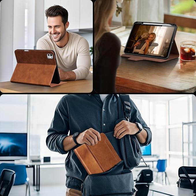 Gexmil Leather Case for iPad Pro 11 Inch M5/M4 2025/2024Crocodile Brown | Genuine Leather CoverPencil HolderMagnetic ClosureSmart Folio Auto Sleep/WakeProtectiveAdjustable Stand